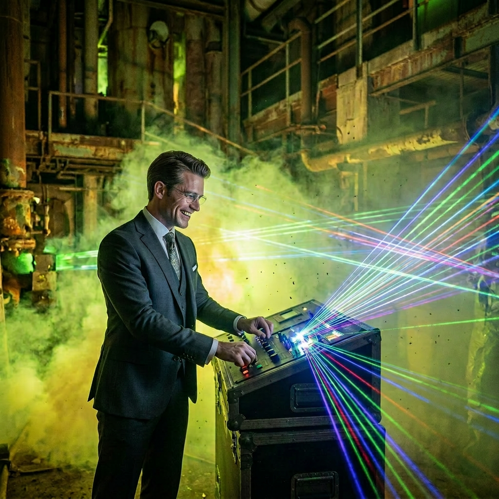 Technician wearing protective suit and mask operating a laser control panel with colorful beams